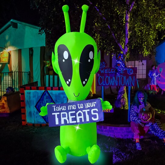 4FT Halloween Inflatable Alien with Banner & Built-In LED Lights – Outdoor Blow Up Yard Decoration, Waterproof Halloween Inflatable for Lawn, Garden, Porch & Indoor Party Decor